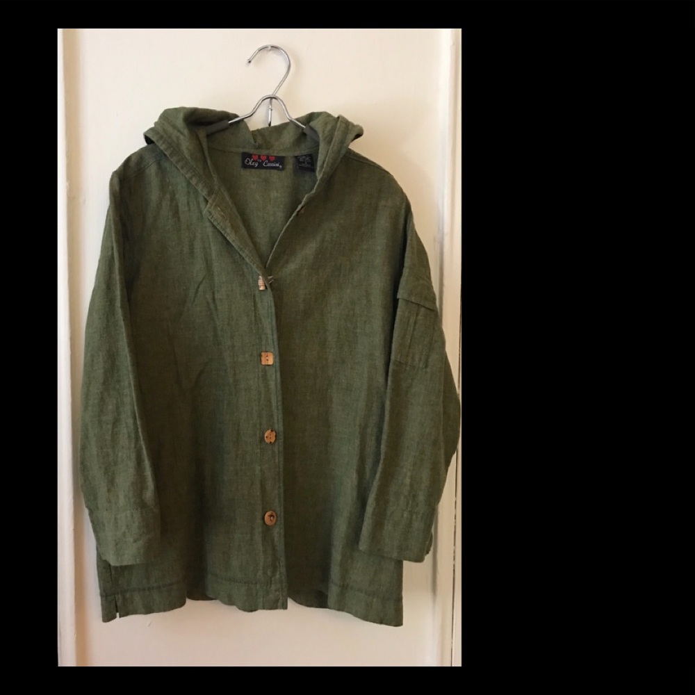 Oleg Cassini Green Linen Hooded Jacket Small